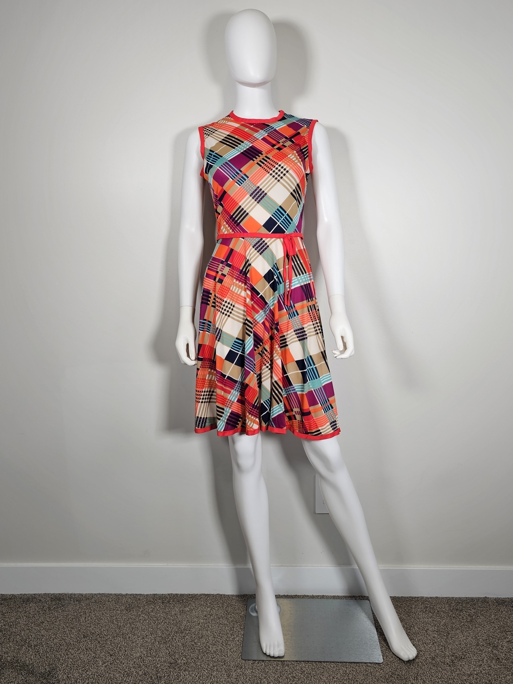 Vintage Harold Williams Coral Red Beige Plaid Sleeveless Fit-Flare Dress Sz S